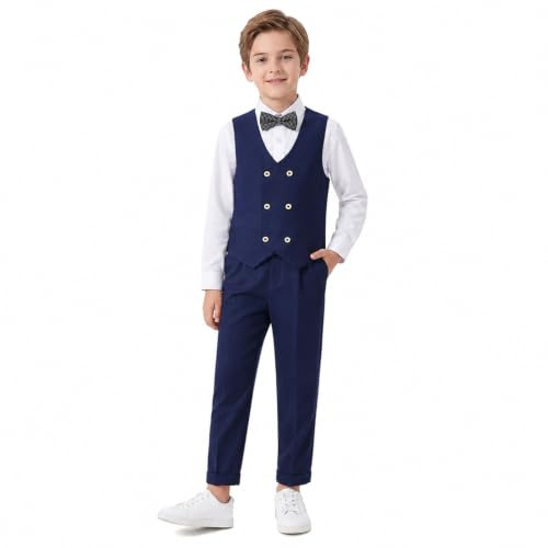 LOLANTA Costume Formel 4 pièces pour garçon, Ensemble de Gilet à Double Boutonnage, vêtements de fête d'anniversaire de Mariage pour Enfants, Bleu Marine, 90