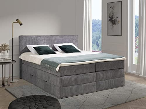 Vente-unique-Boxspringbett mit Kopfteil + Bettgestell mit Bettkasten + Matratze + Topper - 2 x 80 x 200 cm - Cord - Grau- IVOLOS von Palacio