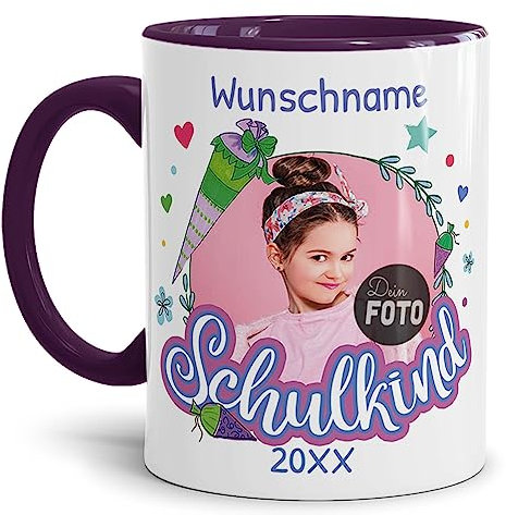 Tassendruck Personalisierbare Tasse zur Einschulung - Schulkind mit Foto, Name und Jahr personalisiert - personalisierte Geschenke zur Einschulung Mädchen | 300ml, Innen & Henkel Violett