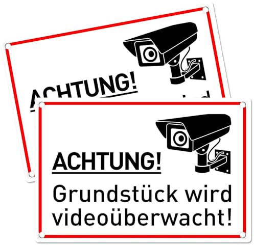 LEEPAT Warning Video Surveillance Sign, 30 x 20 cm, Aluminium Video Warning Signs, Includes 4 Drill Holes, Rounded Corners, Safety Sign, for Home, Outdoor, One Size, Pack of 2