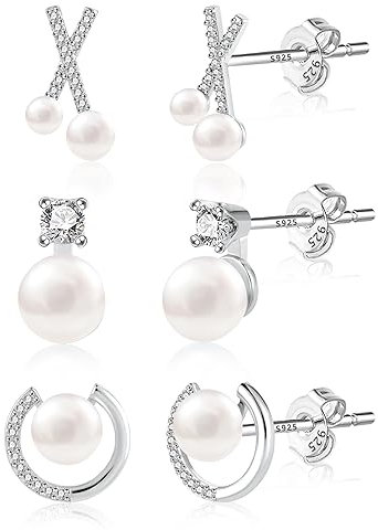 925 Sterling Silber Perlen Ohrstecker Set - 3 Paar Kleine Ohrringe für Damen, Weiß Süßwasserperlen Mit AAA+ Zirkon Strass - Elegante Schmuckstücke