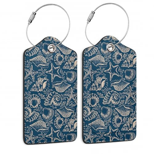 SKYDAWNY Gepäckanhänger aus Leder, 2 Stück, für Damen und Herren, Strand, Seestern, Muschel, Koralle, Kofferanhänger, Identifikatoren für Reisegepäck, Tasche mit Sichtschutz, Name, Adressetikett,