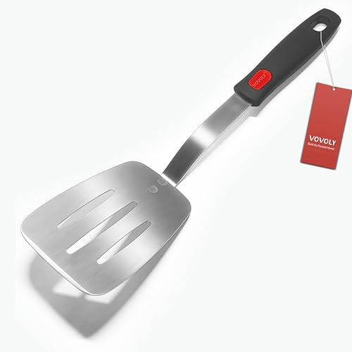 Stainless Steel Slotted Spatula Turner, VOVOLY Thin Metal Spatula for Cast Iron Skillet, Thin Blade and Heat Resistant Silicone Handle, Great for Egg, Cookie, Meat, Crep,