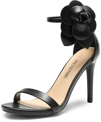 DREAM PAIRS Women's High Heels Flower Ankle Strap Stilettos Round Open Toe Dressy Sexy Sandals,Size 6,BLACK-PU,SDHS2402W
