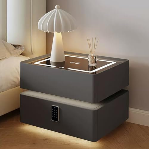 Smart Night Stand with Wireless Charger Station and LED Light,Bedside Table with Password Lock and Bluetooth Audio, Bed End Table, for Bedroom Living Room ( Color : Dark gray , Size : 40cm/15.7in )