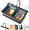 Küchenspüle mit Digitalanzeige, geprägt, große Einzelnut-Edelstahl-Smart-Workstation-Küchenspüle mit Druckspüler und zwei Wasserfällen (Black, 80×45×22CM)