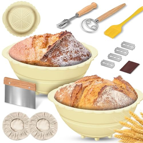 2er Rundes Gärkörbchen für Brot,25cm Silikon Faltbar Gärkorb zum Brotbacken Set Sauerteig Rund Banneton Proofing Gärung Garkörbe Korb Brot Machen Backen Körbe Sauerteigbrotkorb Zubehör Tool Kit-Beige
