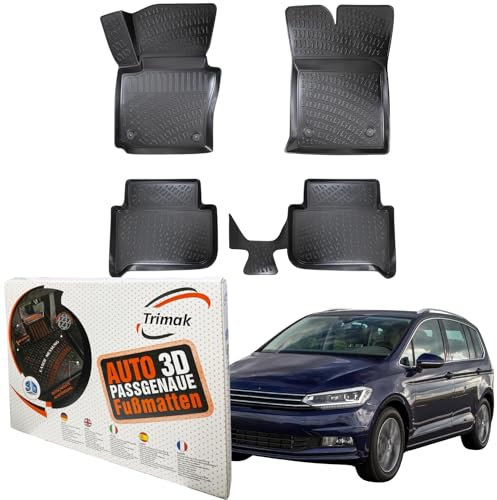 Trimak Passgenau 3D Fussmatten Auto Kompatibel mit Volkswagen Touran 1 Gen 2003-2015 Auto Zubehör 1. und 2. Reihe Gummimatten Autos TPE Allwetter Geruchlos rutschfest Vorne & Hinten Schwarz
