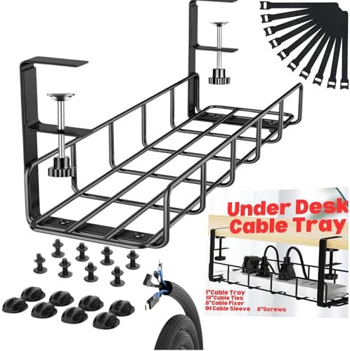 Under Desk Cable Management Tray Kit, No Drill Table Cable Basket for Storing Extension Cords, No Screws Tidy Wire Organiser Clamp for Home, Office, Internet Cafe, Kitchen (Black, 1PCS)