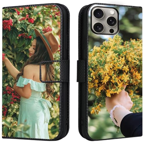 CAXKJE Lederhülle für iPhone 15 Personalisierte Handy Hülle,mit Eigenem Foto Bild Text Individuelle Schutzhülle,Leder Flip Case Schutzhülle Stoßfest Hülle -SAMHD-Black