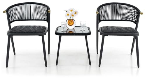 LIFEZEAL 3-teilige Rattan Gartenmöbel-Set, Sitzgruppe Outdoor für 2 Personen, Gartengarnitur mit 2 Gartenstühlen & Glas Beistelltisch, Gartensitzgruppe mit Kissen für Terrasse, Balkon, Garten, Schwarz