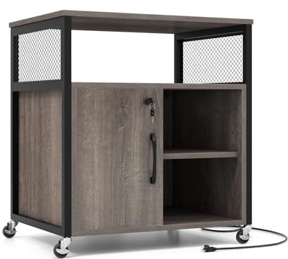 GOPLUS Rollcontainer, mobiler Aktenschrank mit Ladestation & Schloss, Bürocontainer mit verstellbaren Ablagen, Metallrahmen & Kabelführungsloch, Druckerständer Büro für Büro & Wohnzimmer (Grau)