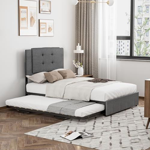 90 x 200 + 90 x 190 cm, cama doble con patas metálicas plegables y plegables, sin colchón, simple y elegante, lino, gris