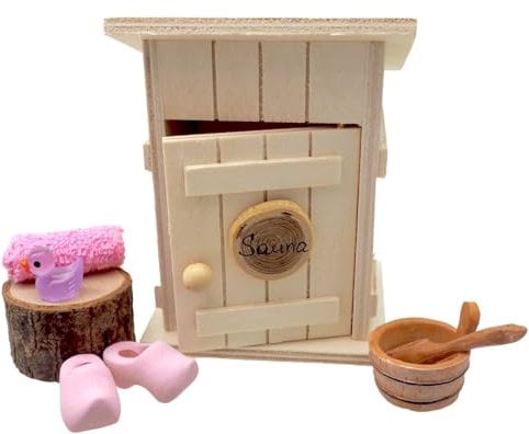 ZauberDeko Wichtel Zubehör Wellness Sauna ROSA Holz Saunahäuschen Badeente Handtuch Pink Wichteline Set