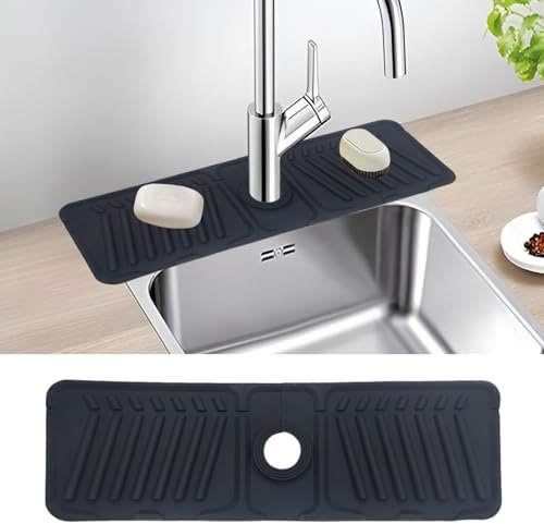 Silicone Sink Faucet Mat for Kitchen, Sink Splash Guard Drying Tap Mat Draining Pad, Faucet Handle Drip Catcher Tray for Kitchen Bathroom Counter (Black)