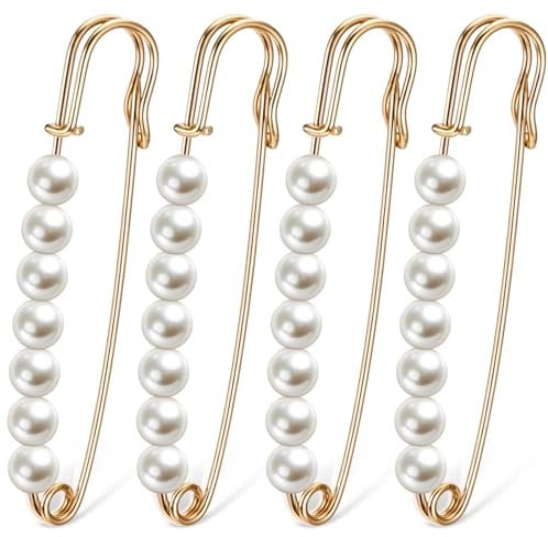 4 Stück Sicherheitsnadel Perlen-Broschennadeln Faux Perlen Sicherheitsnadeln Taillenspanner Perlenbroschen Set Dekorative Nadeln Brosche für Damenkleidung Anzughosen Röcke Hosen