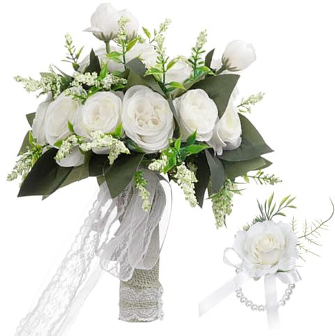 Bouquet da sposa e fiore da polso rose artificiali con fiori che tengono fiori bouquet di rose in seta realistiche al tatto, bouquet romantico per la casa, decorazione per feste di nozze (bianco B)