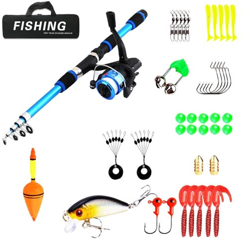 1.8m Christmas Angelset für Kinder Kinderangel Starter Set Kohlefaser Angelrute mit Angelrolle Teleskop Angelruten Rolle Angel Zubehör für Weihnachten Kinder von 3-10