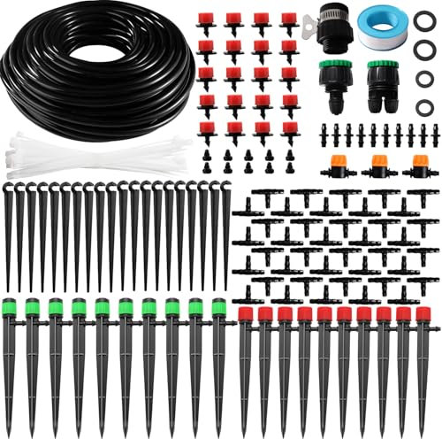 VooGenzek 162 Pezzi 4/7 mm Kit Irrigazione a Goccia, 25m Tubo Irrigazione, Kit fai da te Sistemi di Irrigazione, con Giunti a Barbe Dritte, Connettori a T, Tappi Terminali, per Aiuola