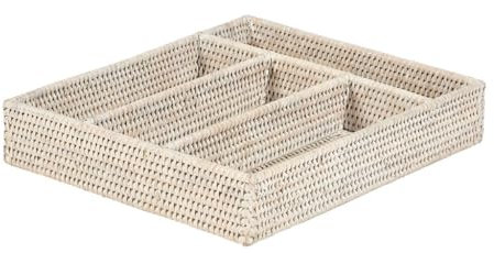 Four Compartment Cutlery Tray Premium Ketak Rattan Dining Table Utensil Holder Silverware, Linen and Condiment Caddy Kitchen Countertop Storage Accessory (White)