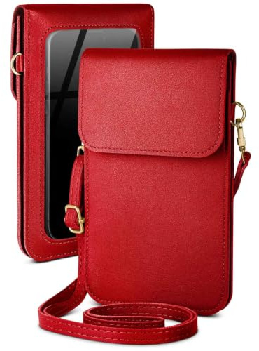 moex Handytasche zum Umhängen für iPhone 16e kleine Handtasche mit Handyfach und Sichtfenster, 2 extra Fächer Mini PU Leder Handy Umhängetasche Damen CitySling, Rot