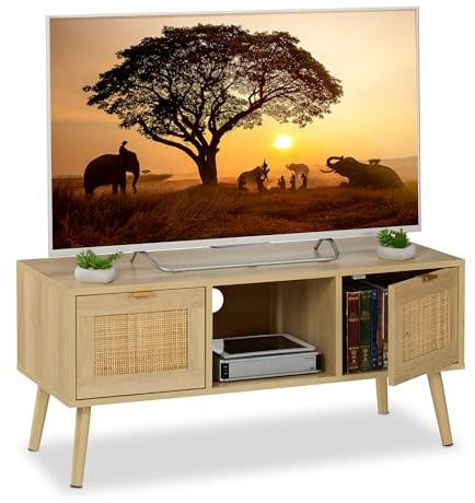 Relaxdays Mueble TV, Efecto Ratán, Mesa para Televisor hasta 43, Lowboard, 45,5 x 100 x 40 cm, Cómoda Tele, Natural, Plástico, Tablero de Fibras, Madera