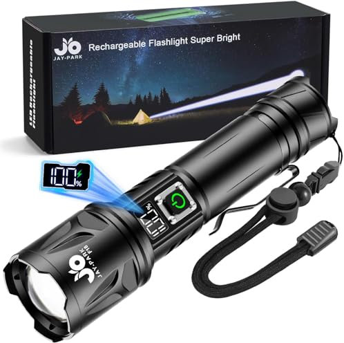 JAY-PARK High Lumen Flashlight - 1,000,000 Lumens, Rechargeable 5000mAh with LCD Display, Zoomable Long Beam (3000m), IP67 Waterproof, 5 Modes & Belt Clip - for Camping, Dog Walking