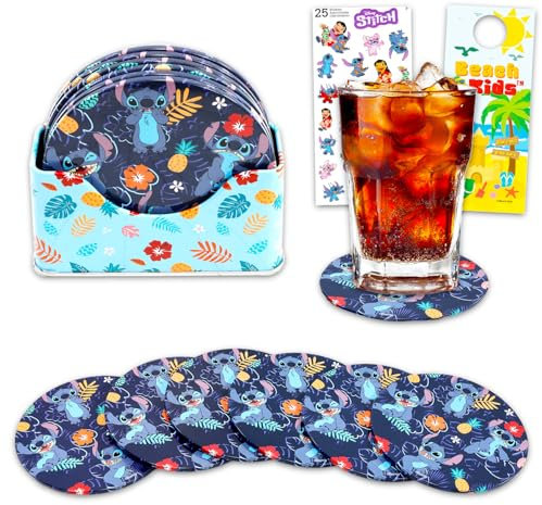 Stitch Coaster Set - Home Decor Bundle of 6 Disney Tin Coasters with Storage Container Plus Stickers, More | Stitch Coasters for Coffee Table