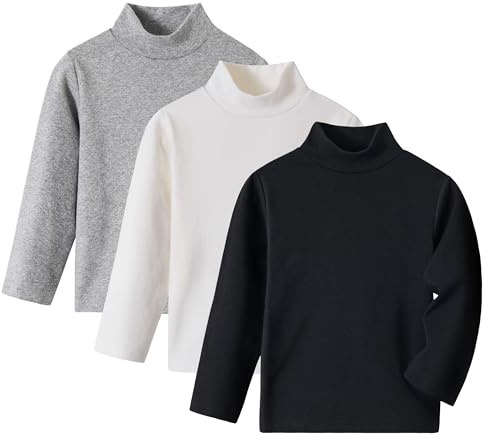 Volunboy 3 Pack Unisex Toddler Cotton Long Sleeve Turtleneck Shirts Pullover Blouse Top for Girl Boys 1-6 Years(Tag Size 130,5-6 Years,Black White Grey