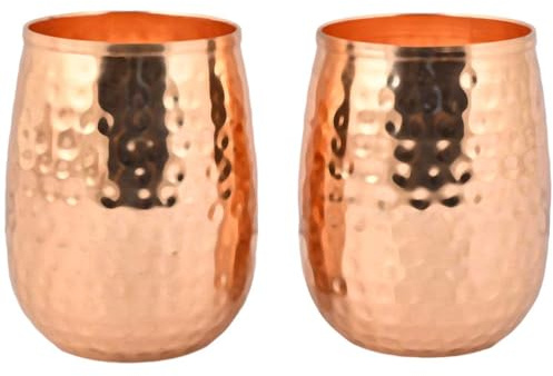 ANCIENTIMPEX Set mit 2 gehämmerten Trinkgläsern aus reinem Kupfer – 250 ml Fass-Design für ayurvedische gesundheitliche Vorteile.