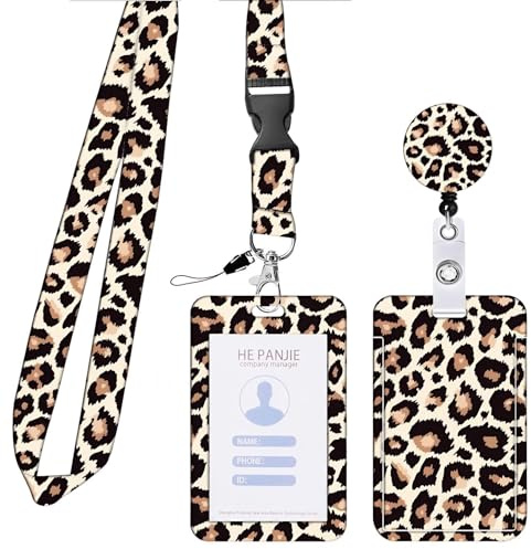 Ausweishülle mit Band Leopard Kartenhalter Ausweis Busfahrkarten Hülle Schüler Kartenhülle mit Abnehmbare Band Lanyard mit Kartenhülle Id Card Holder für Büroangestellte Krankenschwester Lehrer