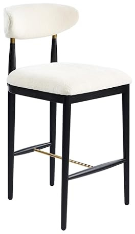 My Furniture Celeste Counter Stool – Luxury Ivory Chenille Upholstered Bar Stool with Curved Backrest, Black Solid Wood Frame, Polished Brass Electroplated Steel Footrest, Modern Breakfast Bar Seating