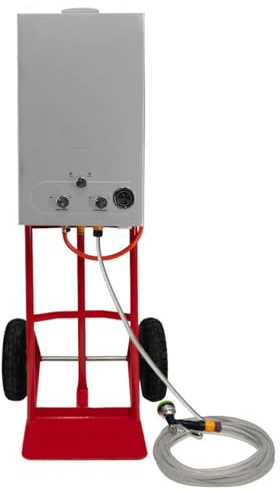 Portable Horse Shower With Steel Trolley 18L Tankless Instant Hot Water Gas Boiler LPG Heater 0-75°C 10m Water Hose & 9-Pattern Spray Gun Camping Outdoor 10 Pneumatic Tyres Battery Powered 36KW