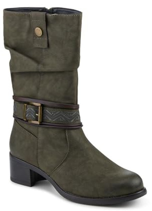 Pavers Stacked Heel Slouch Design Biker Boots - Khaki Size 4