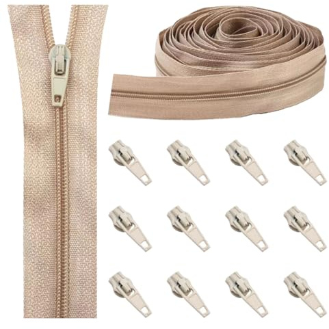 10m Nylon Zips for Sewing with 12 Sliders,Beige Zips Roll for DIY Tailor | zippers for sewing,invisible zips for sewing,continuous zips Roll and sliders,nylon dressmaking zip,heavy duty zips