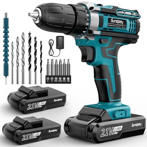 Sundpey Trapano Avvitatore a Batteria - 21V Avvitatore Elettrico con 2 Batterie 2,0Ah, 1500RPM 45Nm Max, 2 Velocita, 18+1 Coppia, LED Luce, Trapano Elettrico per Casa e Riparazione, Fai da te (Blu)