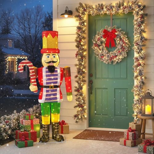 GOPLUS Soldat Casse-Noisette de Noël 170 cm avec Canne Sucre d'orge, Décoration Noël Exterieur avec 110 LED Blanc Chaud, Pièces de Fixation au Sol, Soldat Nutcracker pour Entrée (Canne Sucre d'orge)
