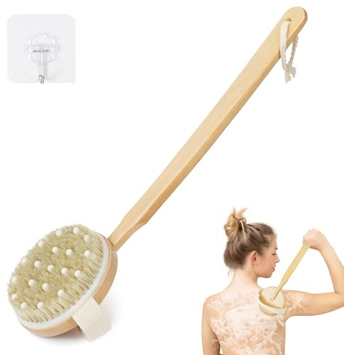 AOOSU Rückenbürste Dusche, 42cm Badebürste mit Langem Stiel, Duschbürste Rücken Körperbürste Naturborsten Trockenbürste Massagebürste Brushing Body für Peeling Entfernung Abgestorbener Haut Cellulit
