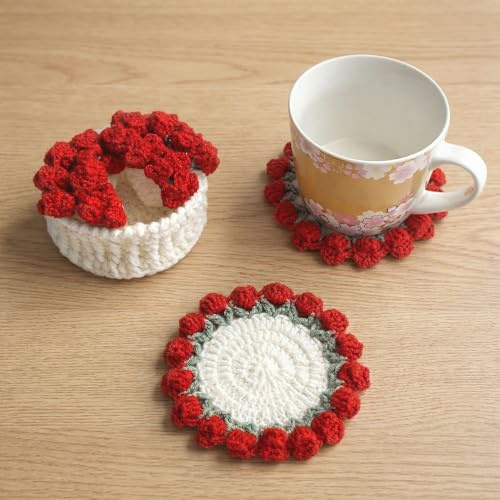 Handmade Crochet Coasters, Cute Coasters Set of 4, Crochet Plant Pot Coaster Set for Drinks with Flowerpot Holder, Fun Soft Decorative Coasters Housewarming for Holiday Bar Desk (Red)