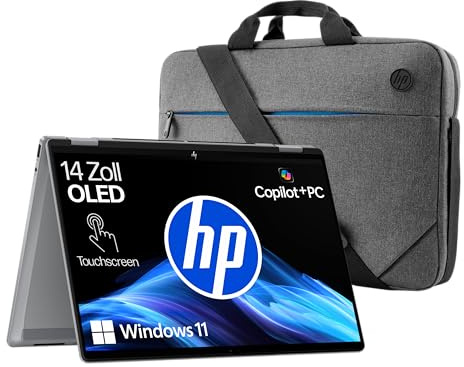 HP OmniBook X Flip 2 in 1 Next Gen AI Laptop, 14 Zoll 3K OLED-Touchscreen, AMD Ryzen AI 7 350 (8C) 50 TOPS NPU für KI, Copilot+ PC, 16 GB RAM, 1TB SSD, Win11, QWERTZ, Silber + HP Laptop-Tasche