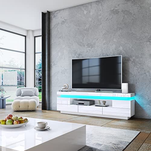 Ikewaier 160cm TV Lowboard Hochglanz mit LED Beleuchtung, Weiß | mit 5 Schubladen & 1 Offenem Fach, TV Schrank für Wohnzimmer, Fernsehschrank für Fernseher von 32–65 Zoll