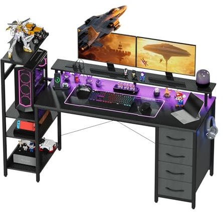 YOUDENOVA Gaming Desk with 4 Drawers, Computer Desk with LED Lights & Power Outlets, 150×48 cm Reversible Office Desk with Monitor Stand, Black PC Desk with Shelves & Headphone Hook