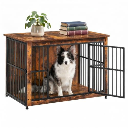 Feandrea Hundebox, Hundekäfig Möbel, Gitterbox aus Holz und Metall, mit 2 Türen und Geschlossenem Boden, 98 x 65 x 69 cm, für Zuhause, Vintagebraun und Schwarz, Degwood PFC023X01V1