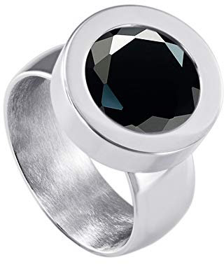 Quiges Glänzendes Silber Edelstahl Ring 12mm Mini Coin Halter Wechselring und Austauschbar Schwarzes Rundes Zirkonia Coin in Größe 19mm