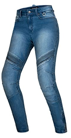 SHIMA JESS BLUE, Moderno Duralid Femenino Jeans de motocicleta con protectores (Azul, 24 Largo)