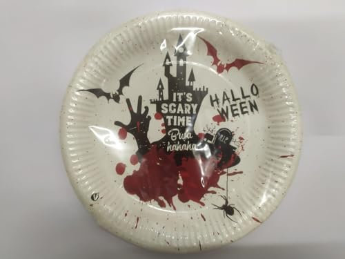 CAPRILO. Lote de 24 Platos Decorativos de Cartón Halloween-Terror Ø 23 cm. Vajillas y Regalos para Fiestas de Halloween, Cumpleaños, Bodas, Bautizos y Comuniones.