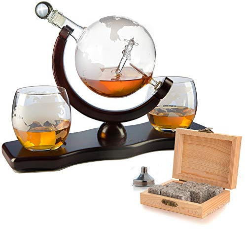 The Wine Savant Etched World Decanter Globe - Whiskey Gift Set with Antique Airplane, Stones, 2 World Map Glasses - Pilot Gift, Home Bar Décor