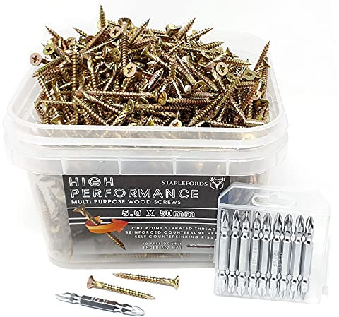 Staplefords Multi Purpose Wood Screws - Boxes of 1000 per Pack - Trade Pack Set of 1000 per Screw Size (Available in 100mm, 70mm, 50mm, 40mm)