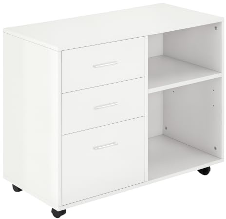 HOMCOM Mesa para Impresora Multifuncional con 3 Cajones 80x40x65 cm Blanco | Mueble Impresora, Estante Ajustable, Ruedas, Gran Capacidad de Almacenaje
