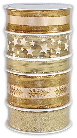 PRÄSENT WEIHNACHTEN gold, 5 x 3 m Schleifenband, in verschiedenen Breiten, Geschenkbandset für Verpackungen und Dekorationen, weiche Stoffbänder in fünf verschiedenen Varianten